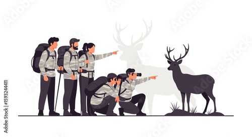 Hikers Spotting Wildlife During Trekking Adventure For Nature Enthusiasts Or Outdoor Illustration