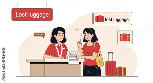 Frustrated Passenger Filing Lost Luggage Claim At Airport Counter Illustration