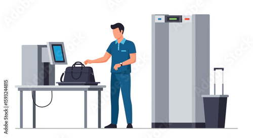 Man Security Checkpoint At Airport With Carry On Baggage And Scanner