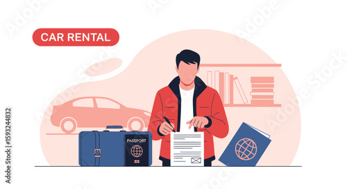 Man Signing Rental Agreement For Car With Suitcase And Passport Ready Travel