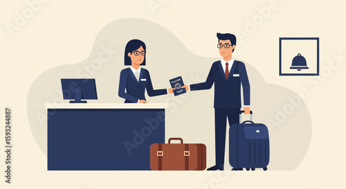 Hotel Check In Procedure With Guest Presenting Passport At Reception Area