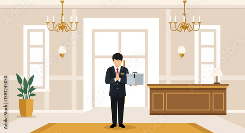 Elegant Hotel Concierge Welcoming Guest With Luggage In A Luxurious Interior