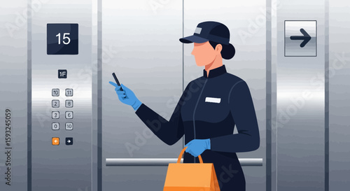 Hotel Staff Calling Elevator Wearing Protective Gloves And Holding Delivery Order