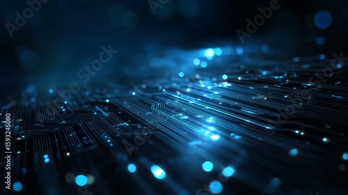 Abstract blue circuit board with glowing lights, futuristic technology concept, digital background, dark backdrop, innovation theme