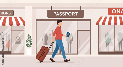 Man Traveling With Suitcase And Passport In Airport Duty Free Area