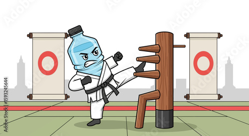 Hydration Hero Water Bottle Martial Artist Kicking Wooden Dummy Practicing Healthy Lifestyle