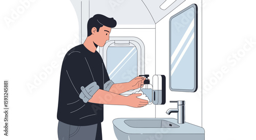 Hygiene Routine Illustration Of Young Man Washing Hands In Public Bathroom