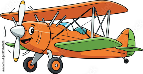 Cartoon style orange and green biplane airplane flying with happy face vector illustration