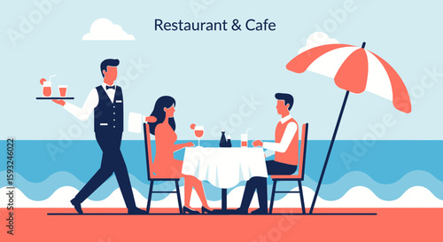 Elegant Seaside Dining At Outdoor Restaurant With Waiter Serving Guests Cocktails