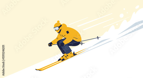 Illustration Of Active Skier Carving Down Snowy Slope On Bright Winter Day