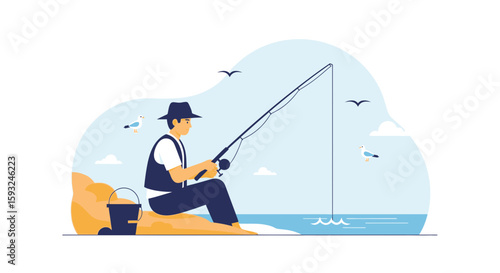 Illustration Of Fisherman Sitting On The Beach Fishing With Seagulls Flying Around