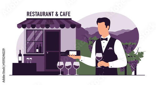 Elegant Sommelier Pouring Wine At Scenic Vineyard Restaurant And Cafe Setting