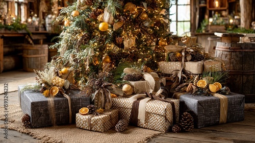 Christmas gifts under a decorated tree