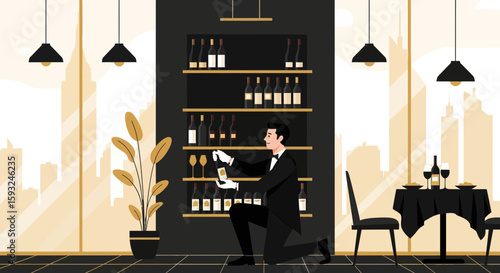 Elegant Sommelier Carefully Selecting Wine Bottle In A Luxurious Restaurant Setting