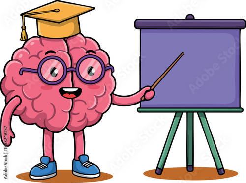 Brain character with glasses and graduation cap teaching with pointer and purple board vector illustration