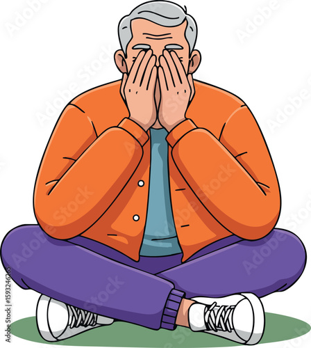 Elderly man sitting cross-legged with hands covering face expressing stress or sadness in casual clothing vector illustration