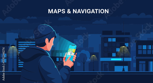 Man Uses Navigation App On Smartphone In City At Night