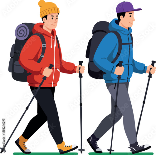 Two hikers trekking with backpacks and walking poles in casual outdoor clothing active lifestyle vector illustration