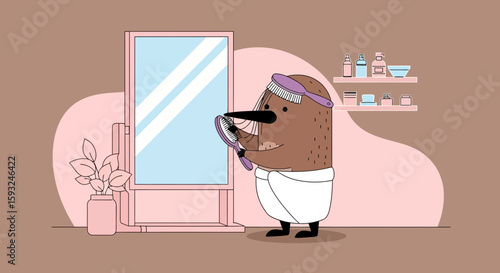 Funny Cartoon Animal Preparing Itself In Bathroom Looking Into The Mirror