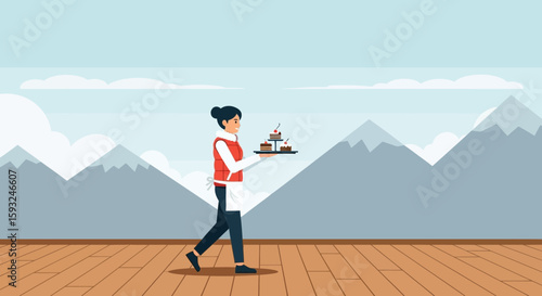Elegant Waitress Serving Cakes In A Cozy Mountain Resort Restaurant Setting