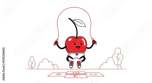 Funny Cherry Character Skipping Rope In The Park For A Healthy Lifestyle