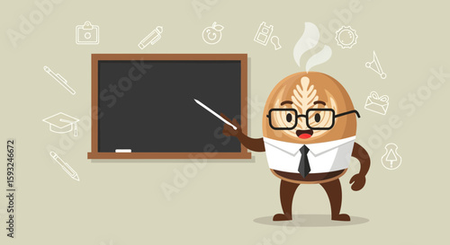 Funny Coffee Bean Professor Character Teaching With Blackboard Illustration