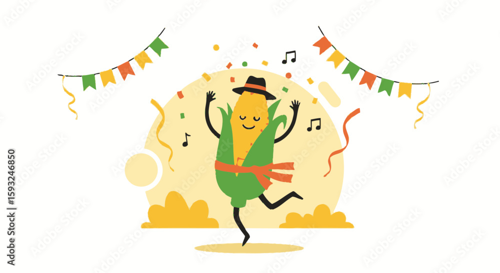 Fototapeta premium Funny Corn Character Dancing At Party With Confetti And Bunting Decoration