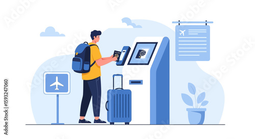 Man Using Self Service Check In Kiosk At Airport For Travel And Vacation