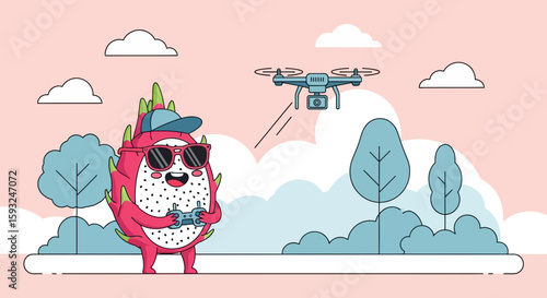 Funny Dragon Fruit Character Operating Drone In a Whimsical Landscape Illustration