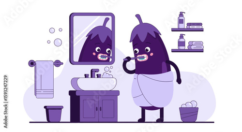 Funny Eggplant Brushing Teeth In The Bathroom Cartoon Concept Flat Design