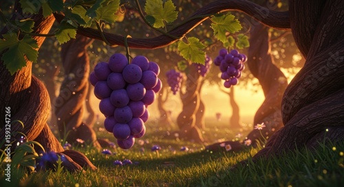 Enchanting vineyard fantasy, with ripe grapes, twisted trees, and magical atmosphere
