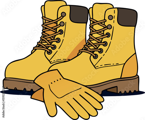Yellow work boots with protective gloves vector illustration in simple style for safety and construction purposes