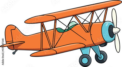 Orange vintage biplane with propeller and blue accents flying in clear sky vector illustration
