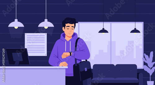 Man Waiting Checking Time In A Modern Office Space With City View