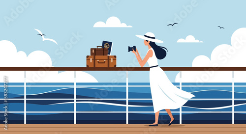 Elegant Woman Capturing Ocean Views While On A Cruise Ship Vacation