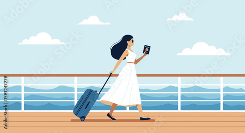 Elegant Woman Enjoying A Cruise Vacation Holding Passport And Pulling Luggage