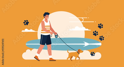 Man Walking Dog On Beach With Surfboard At Sunset Happy Together