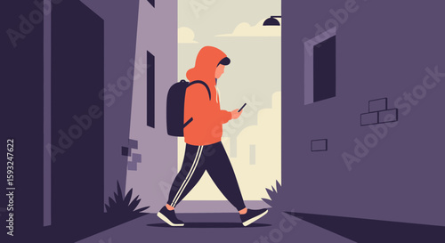 Man Walking Down Alleyway With Backpack And Phone In Hand Illustration