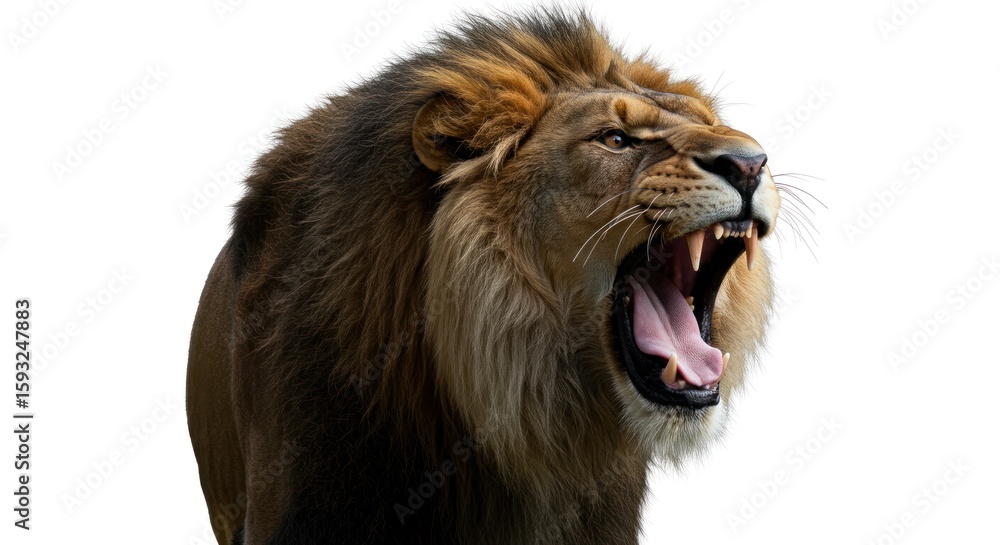 Obraz premium Roaring Lion Portrait: Majestic predator displaying power with open mouth and sharp teeth