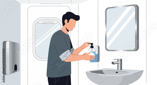 Man Washing Hands In An Airplane Restroom For Hygiene On Trip