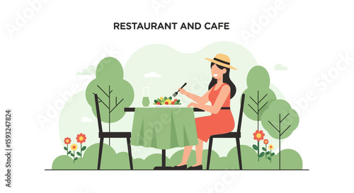 Elegant Woman Enjoying Lunch Outdoors In Restaurant Surrounded By Greenery