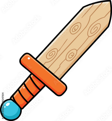 Wooden sword cartoon style vector with orange handle and blue pommel for kids play and fantasy design