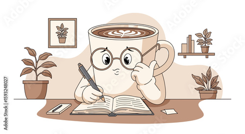 Intelligent Coffee Cup Contemplates Ideas And Writes Into His Notepad