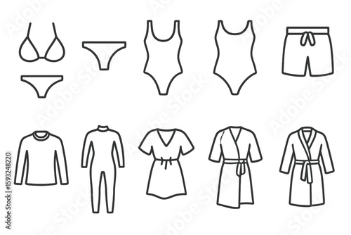 Fashion and clothing icon set. swimwear, apparel outline icons collection