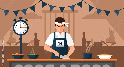 Intense Culinary Competition With Chef Concentrating Under Time Pressure Illustration