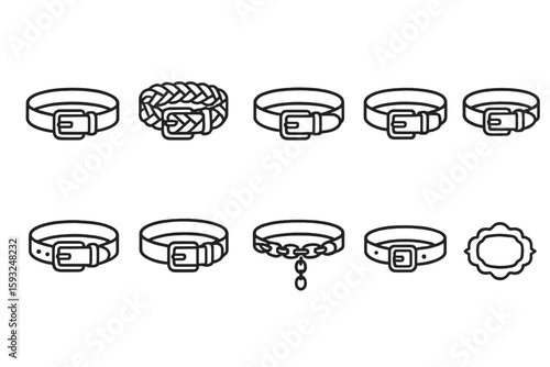 Fashion accessories icon set: belt, buckle, outline style, elegant collection