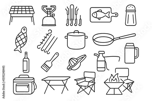 Camping, cooking, fishing outline icon set. outdoor adventure symbols collection