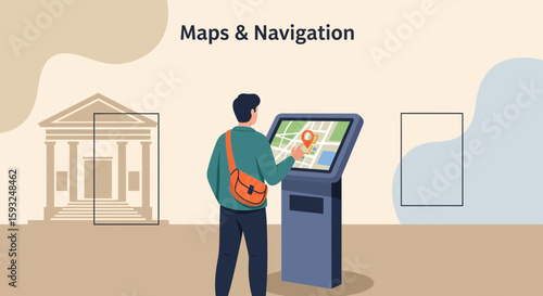 Interactive Direction Kiosk Guiding A Tourist Near Historic Building Attraction
