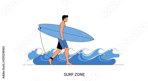 Man With Surfboard Walking On Beach, Waves Rolling In Water Ocean