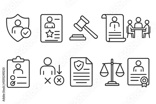 Legal, compliance outline icon set. regulatory, law symbols for documentation